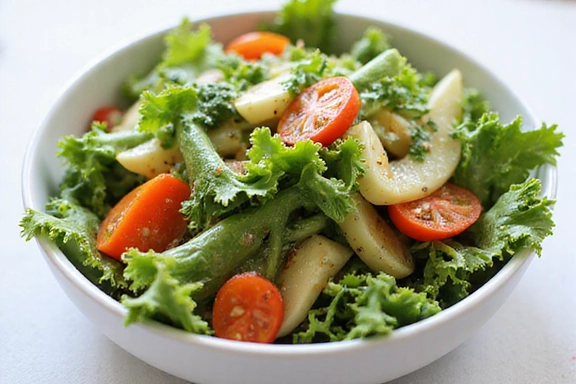 A vibrant bowl of fresh salad with various greens, colorful vegetables, and a light dressing, showcasing healthy eating.