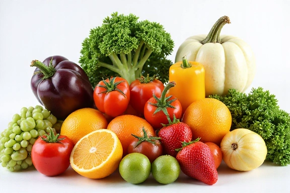 A variety of fresh, colorful fruits and vegetables artfully arranged, symbolizing healthy and delicious eating.