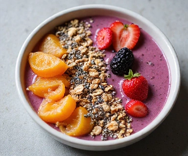 A vibrant smoothie bowl topped with granola, fresh fruits, and chia seeds, highlighting a nutritious and appealing breakfast.