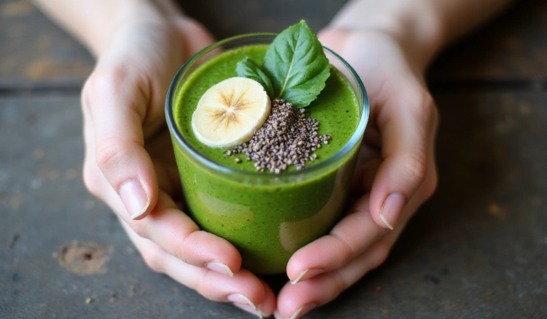 A person's hands holding a vibrant green smoothie with fresh spinach, banana, and chia seeds, symbolizing healthy nutrition and vitality.