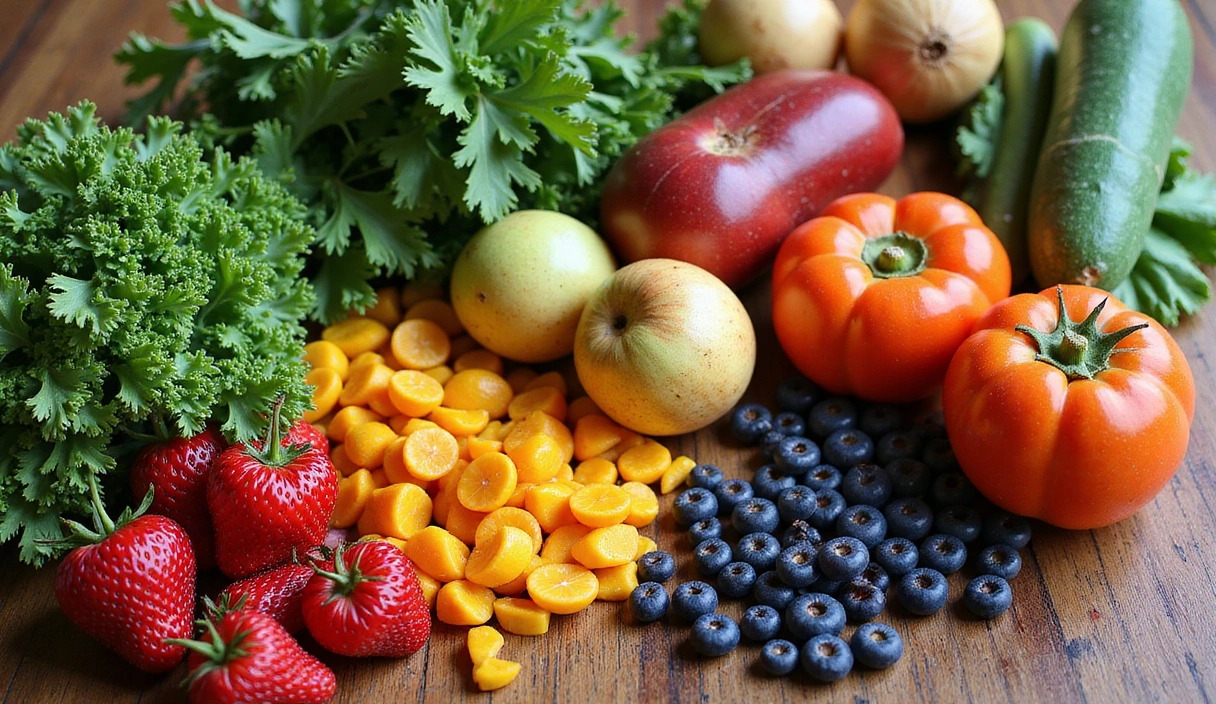 A vibrant assortment of fresh fruits and vegetables, including leafy greens, berries, and root vegetables, arranged artfully on a wooden table, emphasizing healthy eating.