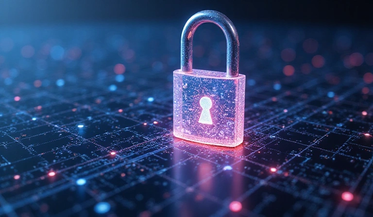 Digital privacy concept with padlock and abstract data flow